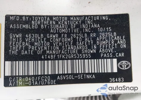 2016 Toyota Camry Le from USA, damaged, VIN 4T4BF1FK2GR535955